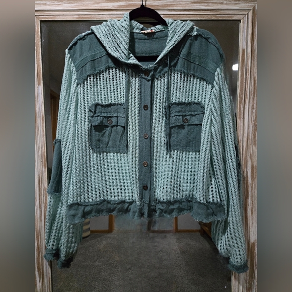 POL Sweaters - POL "Billings" Teal Crochet See Through Button Down Hoodie